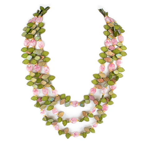 Three Strand Pink + Green Leaf Choker