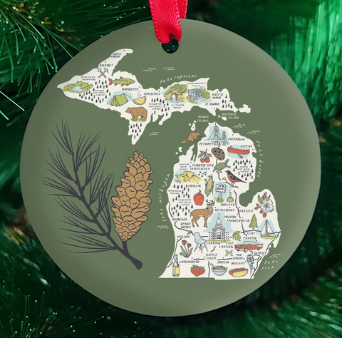 Illustrated Michigan Map Ceramic Ornament